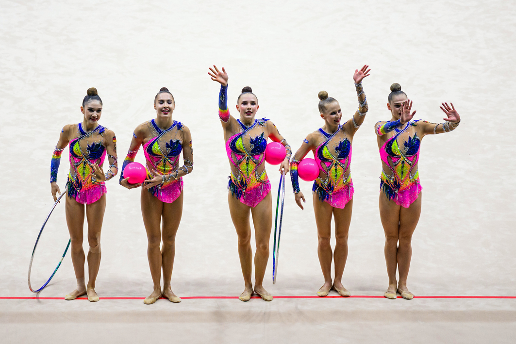 Qualification - Rhytmic Gymnastics World Championships - Rio de Janeiro 2025 Die deutsche Gruppe bei der RSG WM 2025 in Rio: Melanie Dargel, Anja Kosan, Helena Ripken, Anna-Maria Shatokhin and Emilia Wickert. Foto: Tom Weller/24passion